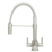 Milano SQ brushed steel 3-way kitchen tap with three levers and pull out spracy on white background