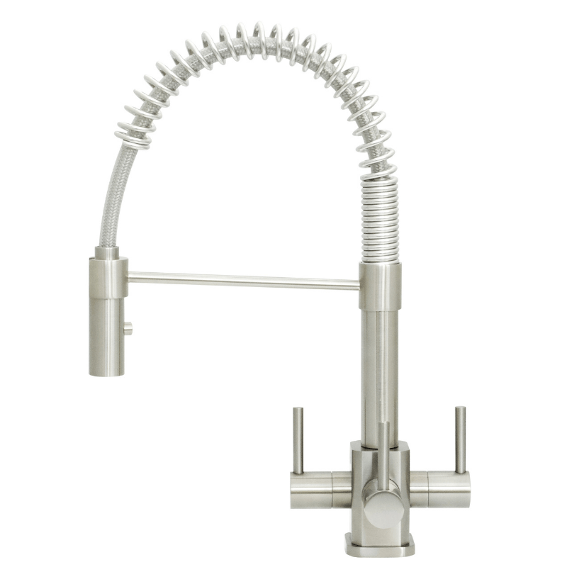 Milano SQ brushed steel 3-way kitchen tap with three levers and pull out spracy on white background