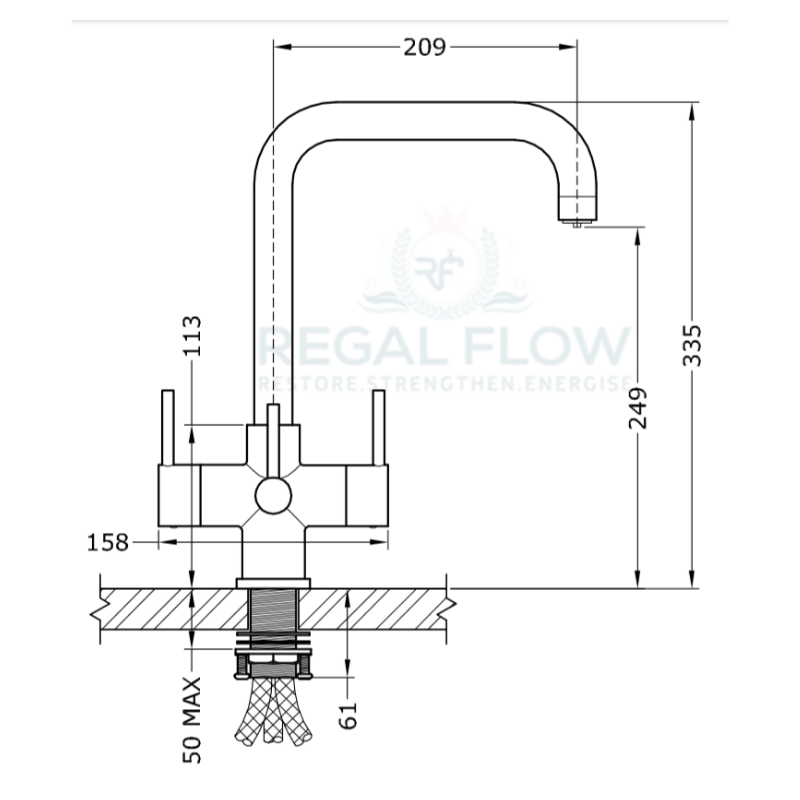 Acquapuro Monza 3 technical drawing showing 335 mm height and handle dimensions with regal flow logo