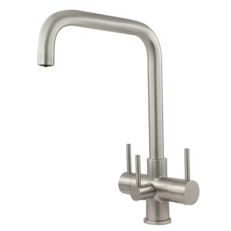 Acquapuro Monza 3 brushed steel 3-way kitchen tap with square spout and three levers