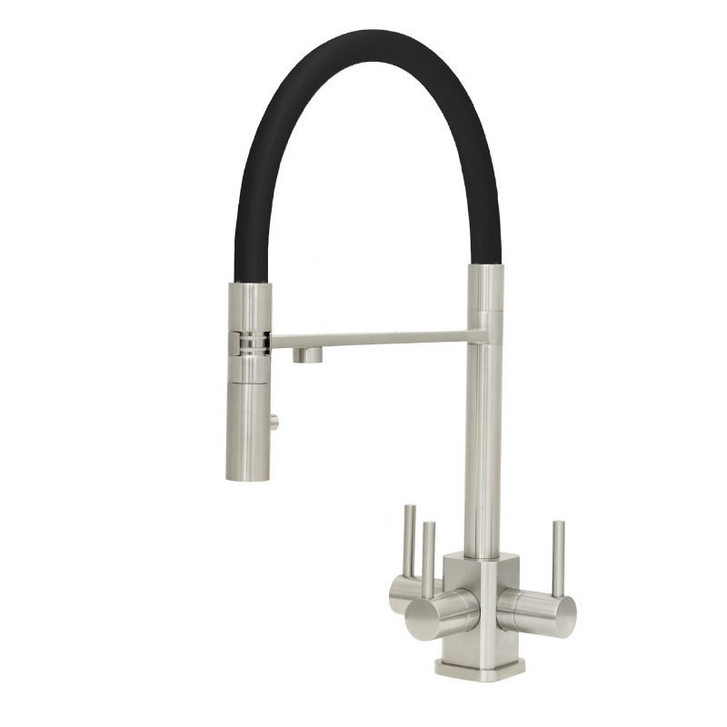 Aquila SQ brushed steel 3-way tap with black flexible spout and square base