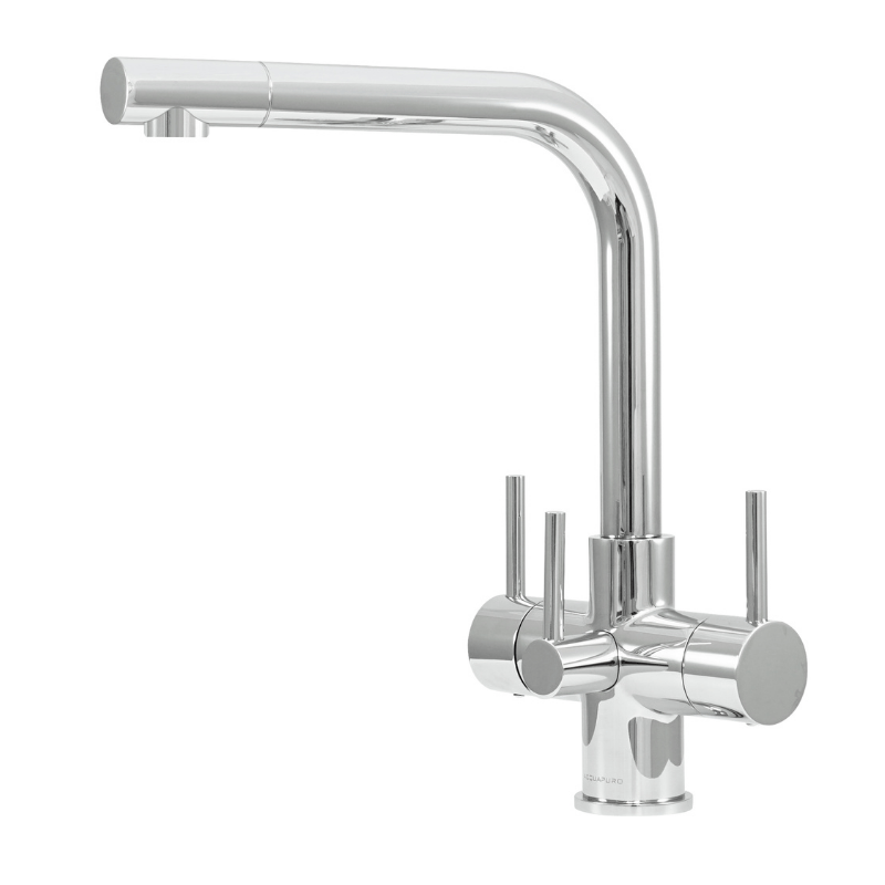 Chrome kitchen faucet with three levers on a white background