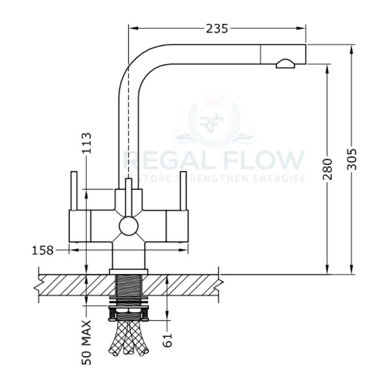Technical drawing of a 3 lever kitchen tap with dimensions labeled, featuring the brand 'Regal Flow'.