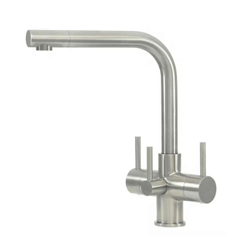 Acquapuro Stainless steel kitchen faucet with three levers on a white background