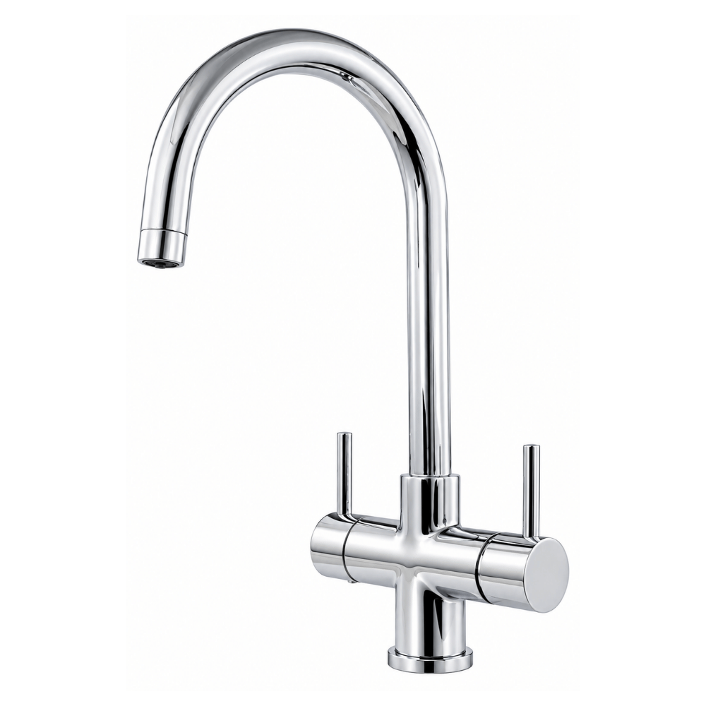 A modern high-arc chrome kitchen faucet with two separate handles, shown against a plain white background.
