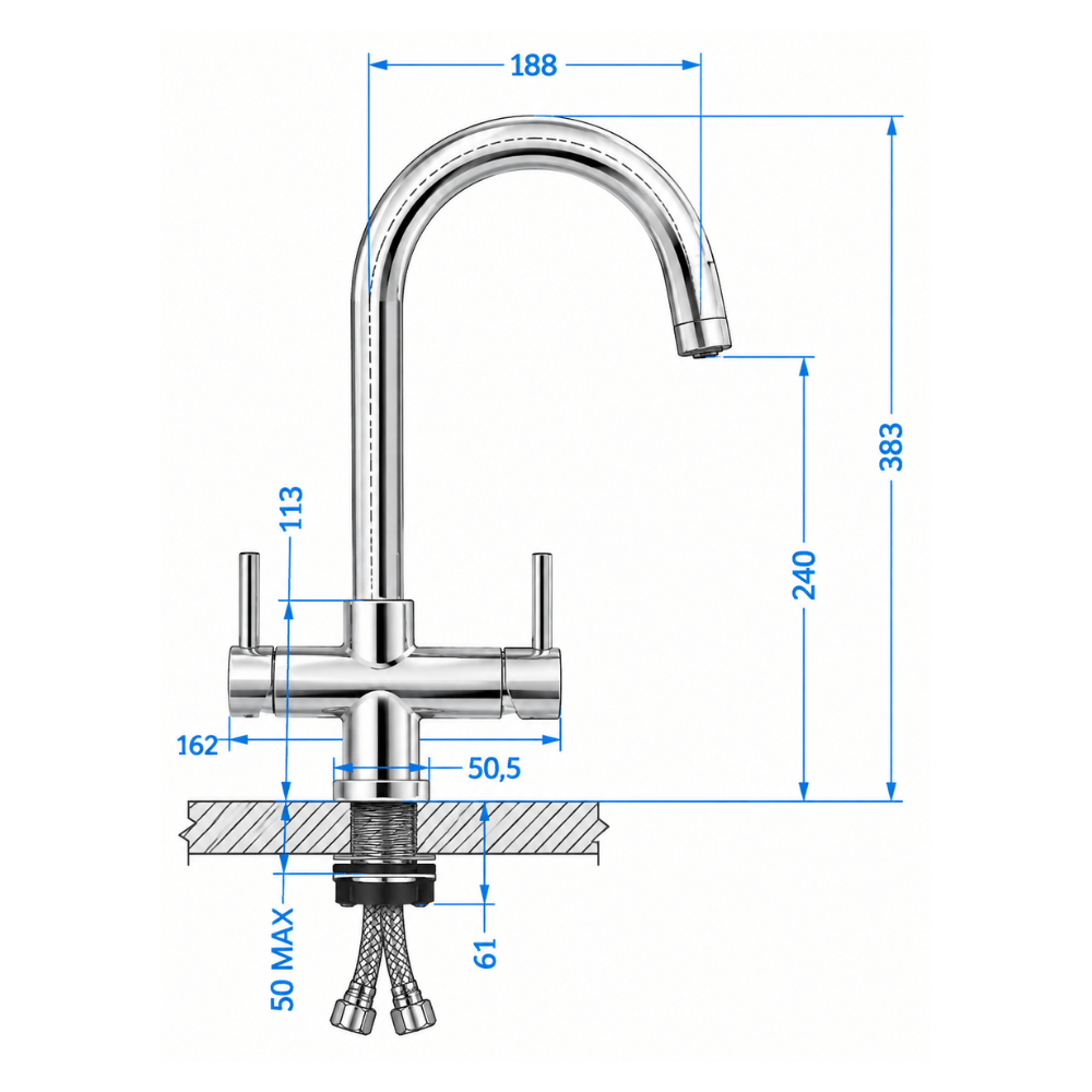 Technical dimension diagram of a chrome kitchen faucet with multiple measurement labels and arrows on a white background.