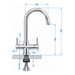 Technical dimension diagram of a chrome kitchen faucet with multiple measurement labels and arrows on a white background.
