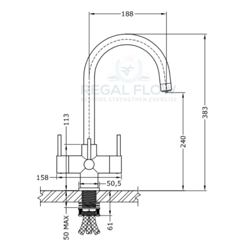 Technical drawing of a kitchen faucet with dimensions labeled