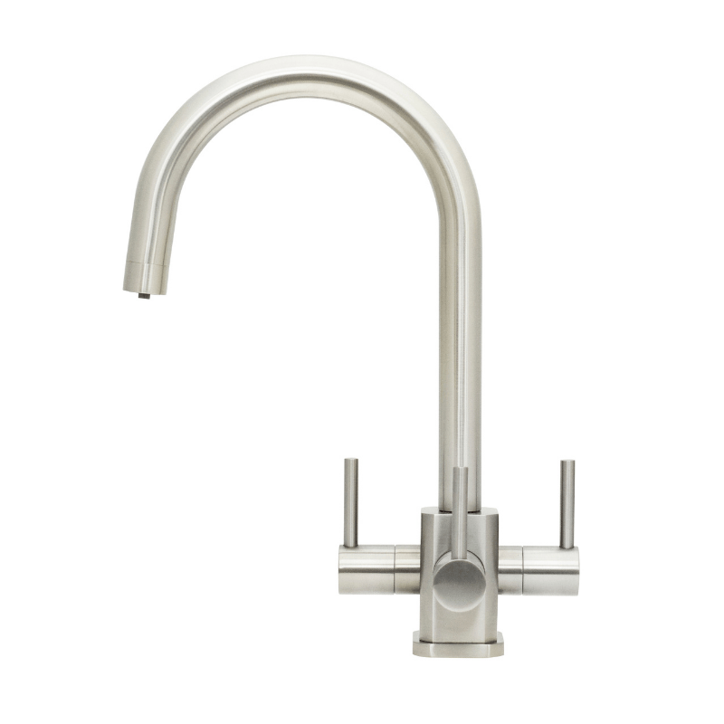 Verona SQ brushed steel 3-way kitchen tap with square base and C spout