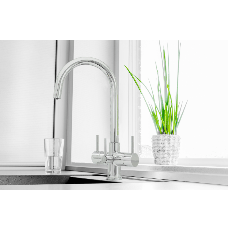 Acquapuro Verona 3 Lever chrome 3-way kitchen tap with curved spout for filtered and mains water