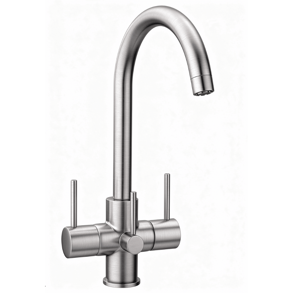 Brushed Stainless steel kitchen faucet on a white background with three levers