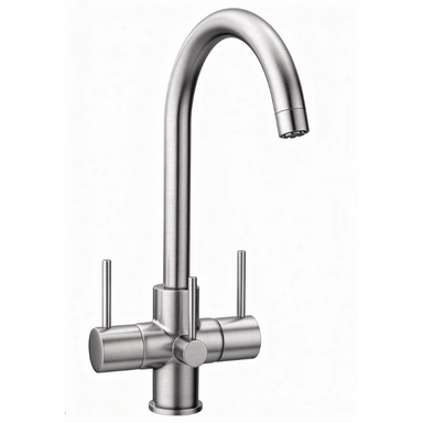 Brushed Stainless steel kitchen faucet on a white background with three levers
