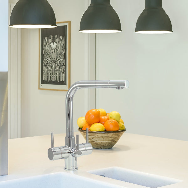 Sorrento 3 chrome 3-way tap installed in modern kitchen with fruit bowl