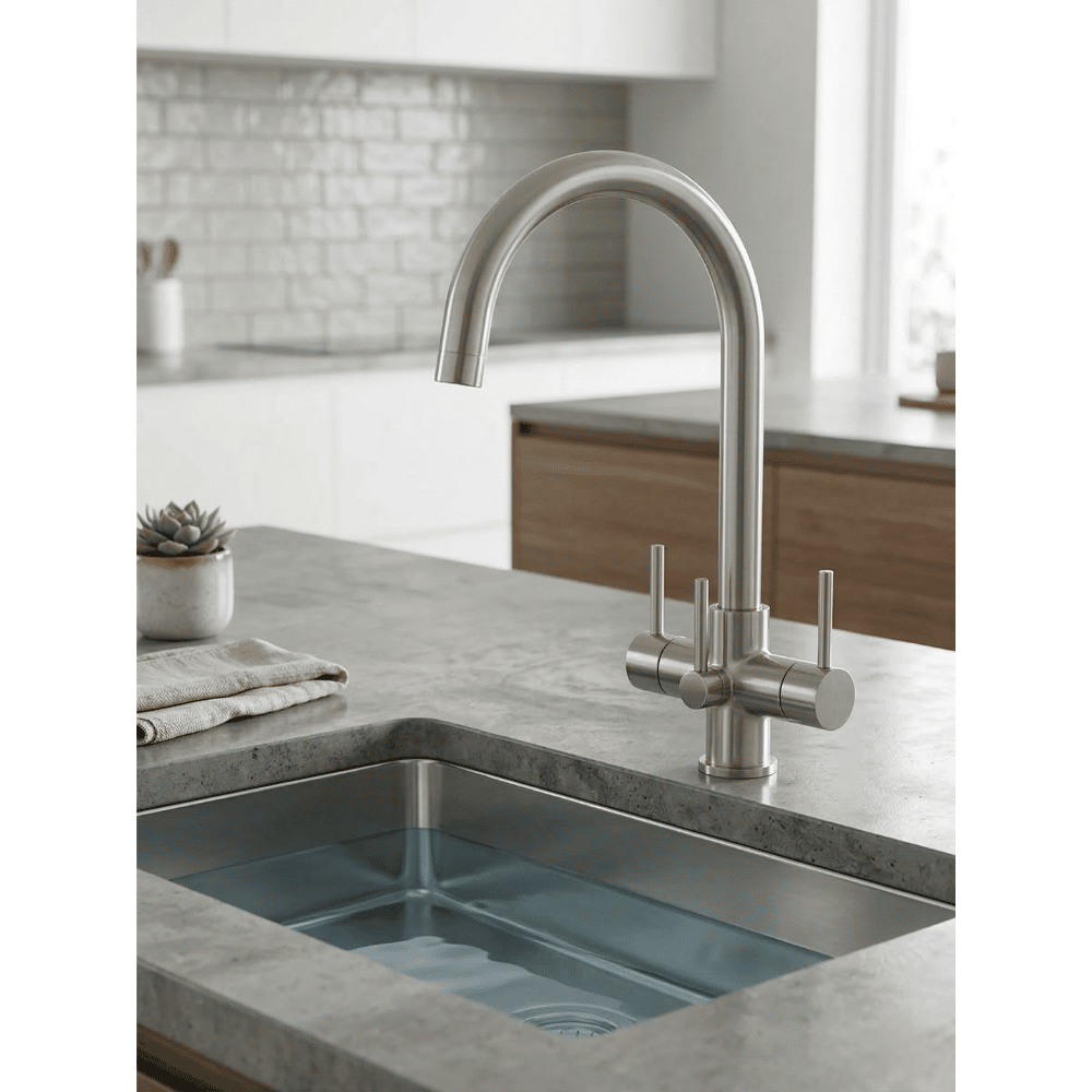 Modern kitchen sink with a brushed stainless steel faucet in a well-lit kitchen.