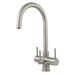 brushed steel kitchen faucet with three levers on a white background