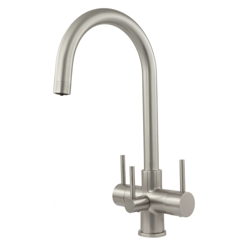 brushed steel kitchen faucet with three levers on a white background