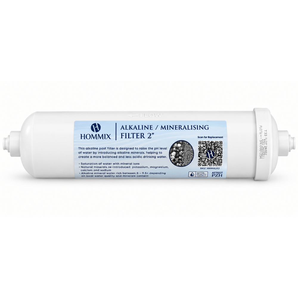 Alkaline mineralising filter with Hommix branding on a white background