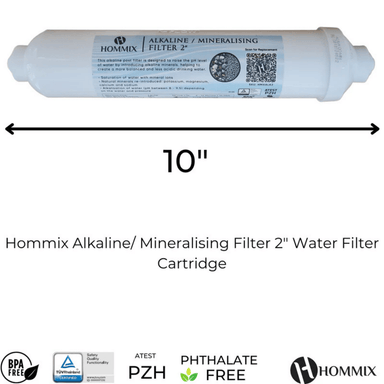 Hommix Alkaline/Mineralising Filter 2 water filter cartridge with dimensions and certification logos on a white background.