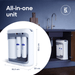 All-in-one water filtration unit with dimensions displayed, set against a kitchen background.