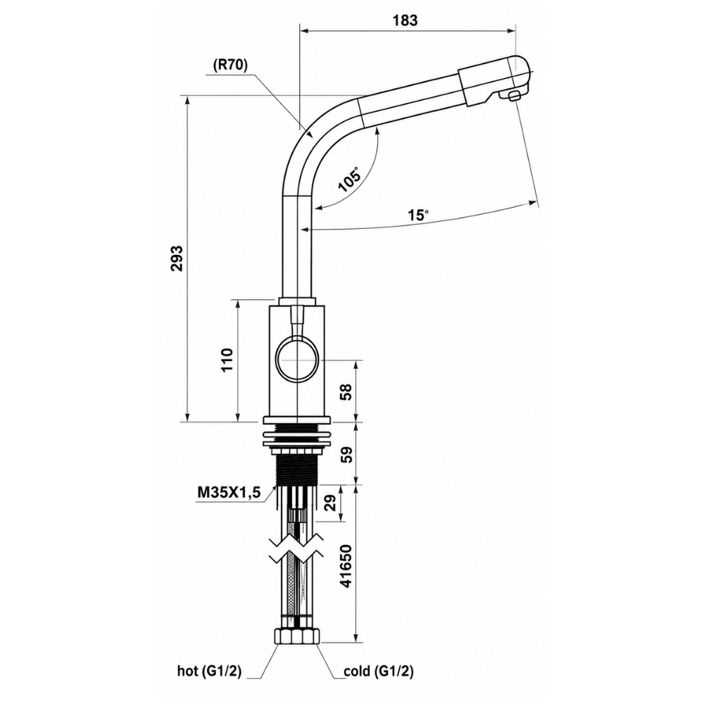 Technical drawing of a kitchen mixer faucet with dimensions labeled