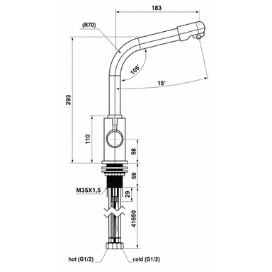 Technical drawing of a kitchen mixer faucet with dimensions labeled