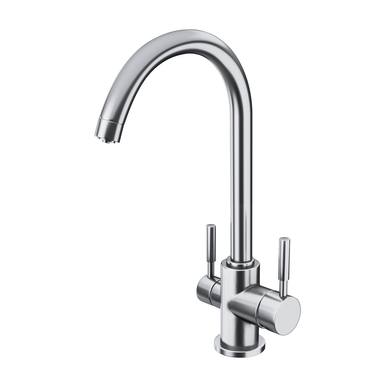 Chrome mixer kitchen faucet on a white background