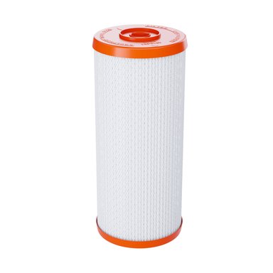 A whole house replacement filter cartridge with a white pleated body and bright orange plastic end caps, shown on a solid white background.