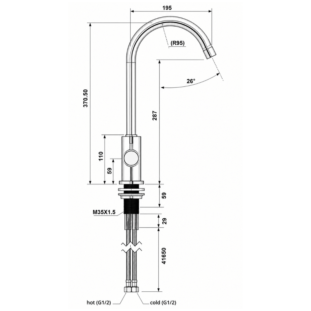 Technical drawing of a kitchen faucet with dimensions
