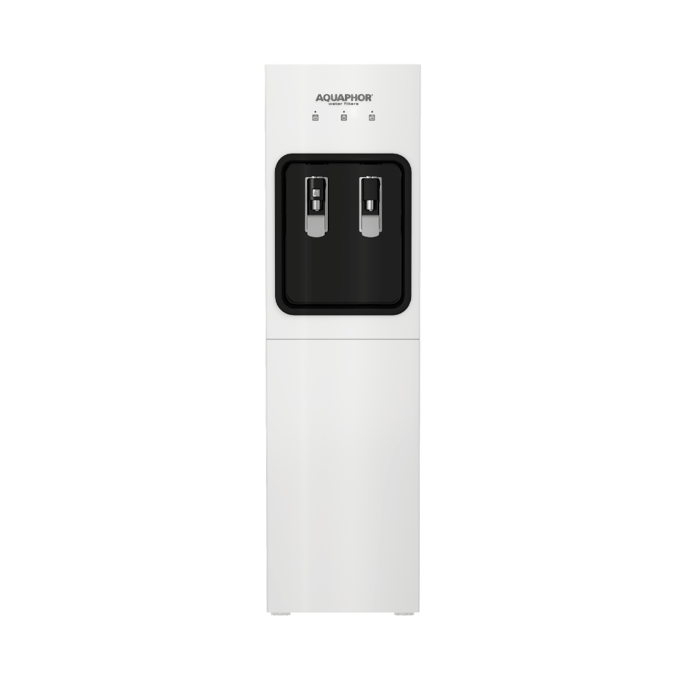 A tall white water dispenser with a black front panel featuring two silver-toned nozzles, shown on a plain white background. The brand name AQUAPHOR is printed above the dispensers.
