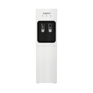 A tall white water dispenser with a black front panel featuring two silver-toned nozzles, shown on a plain white background. The brand name AQUAPHOR is printed above the dispensers.