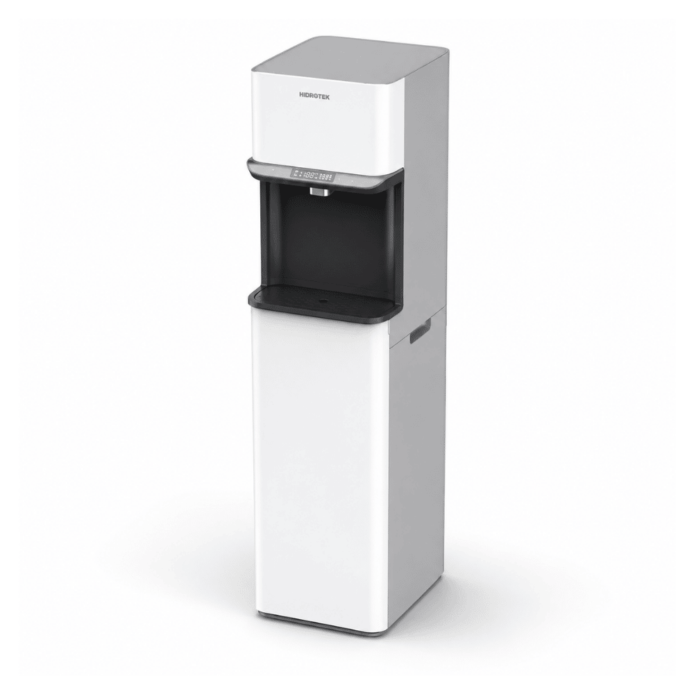 A modern vertical commercial filtered water dispenser with a white body, a dark gray/black dispensing tray, and a silver-gray top panel, shown on a clean white background.