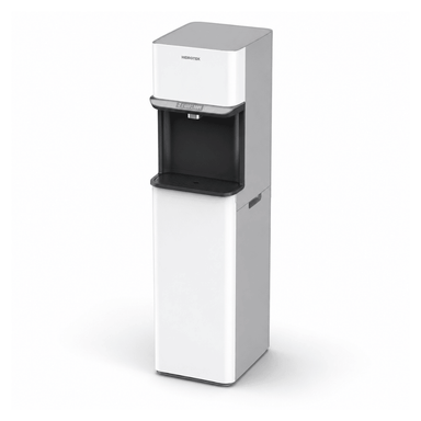 A modern vertical commercial filtered water dispenser with a white body, a dark gray/black dispensing tray, and a silver-gray top panel, shown on a clean white background.