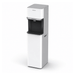 A modern vertical commercial filtered water dispenser with a white body, a dark gray/black dispensing tray, and a silver-gray top panel, shown on a clean white background.