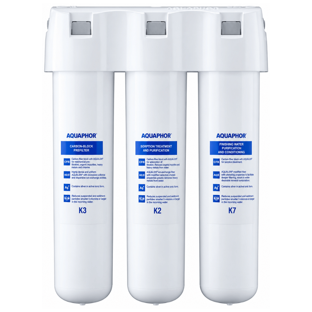 Three white Aquaphor water filter cartridges labeled K3, K2, and K7, shown side by side against a plain white background.