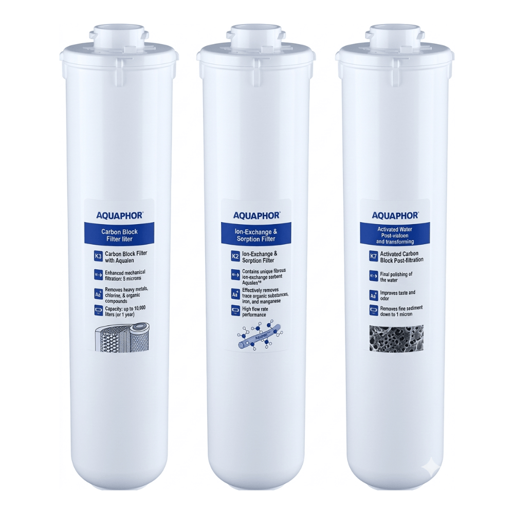 Three Aquaphor under sink filter replacements
 on a white background