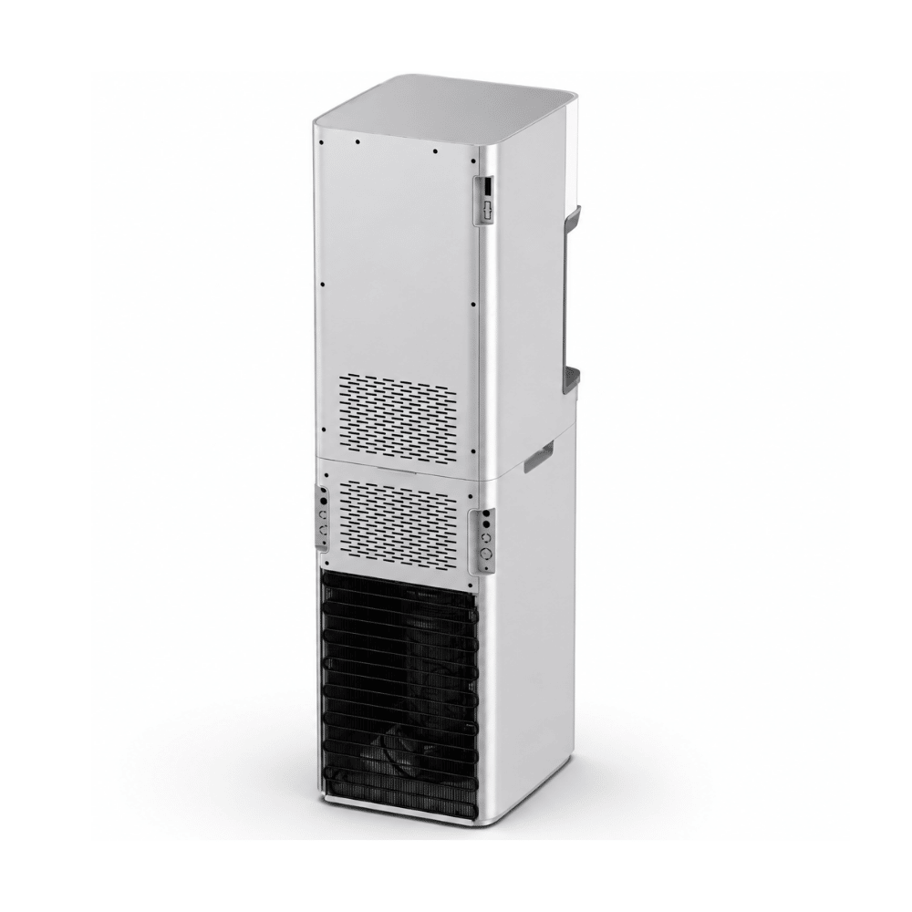 A tall, narrow white filtered water machine with ventilation grilles on the front, shown at a slight angle on a clean white background.