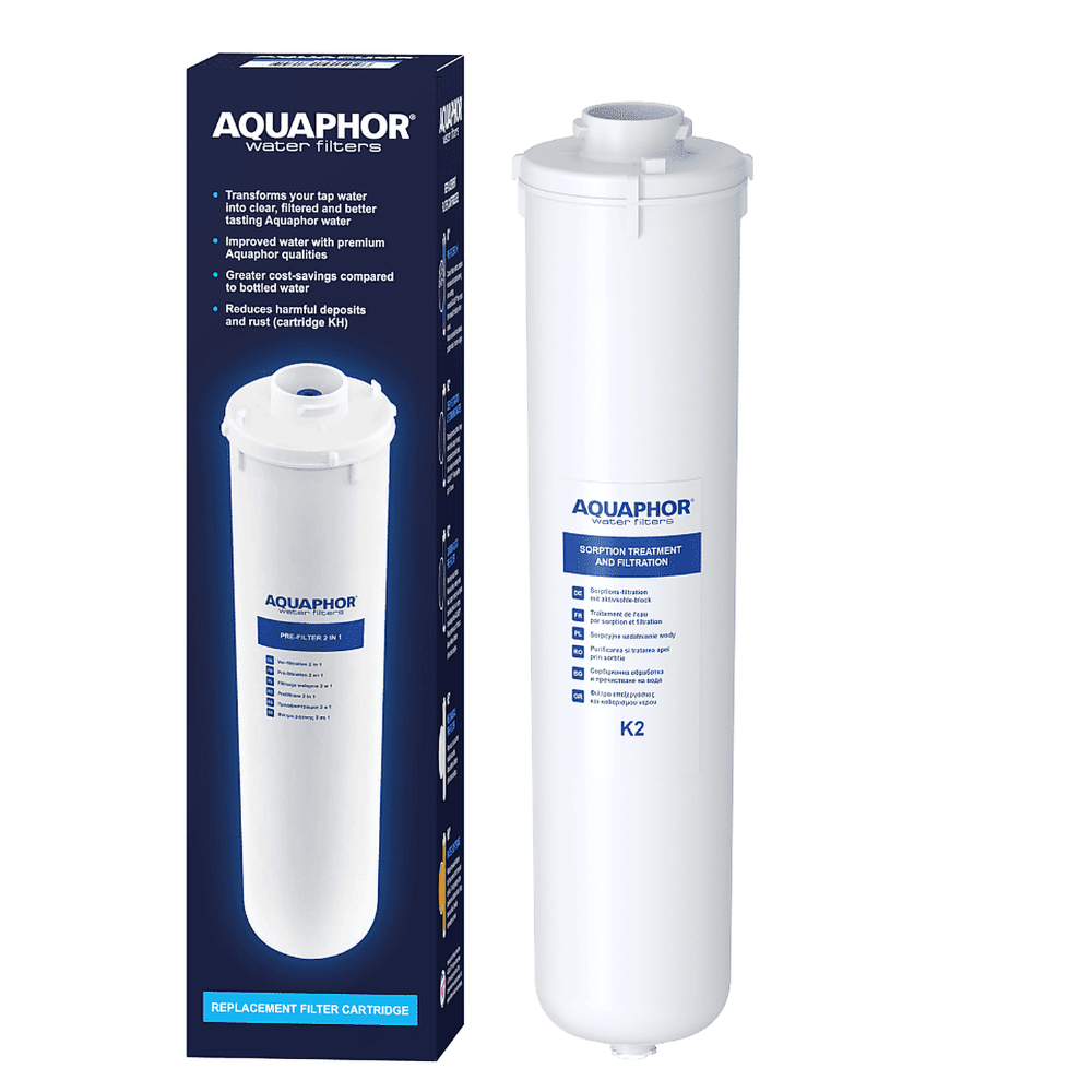 Aquaphor water filter cartridge with packaging on a white background