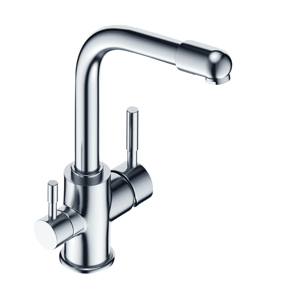 Chrome kitchen mixer tap on a white background