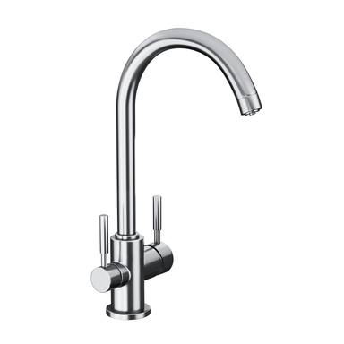 Modern Chrome kitchen faucet with a white background