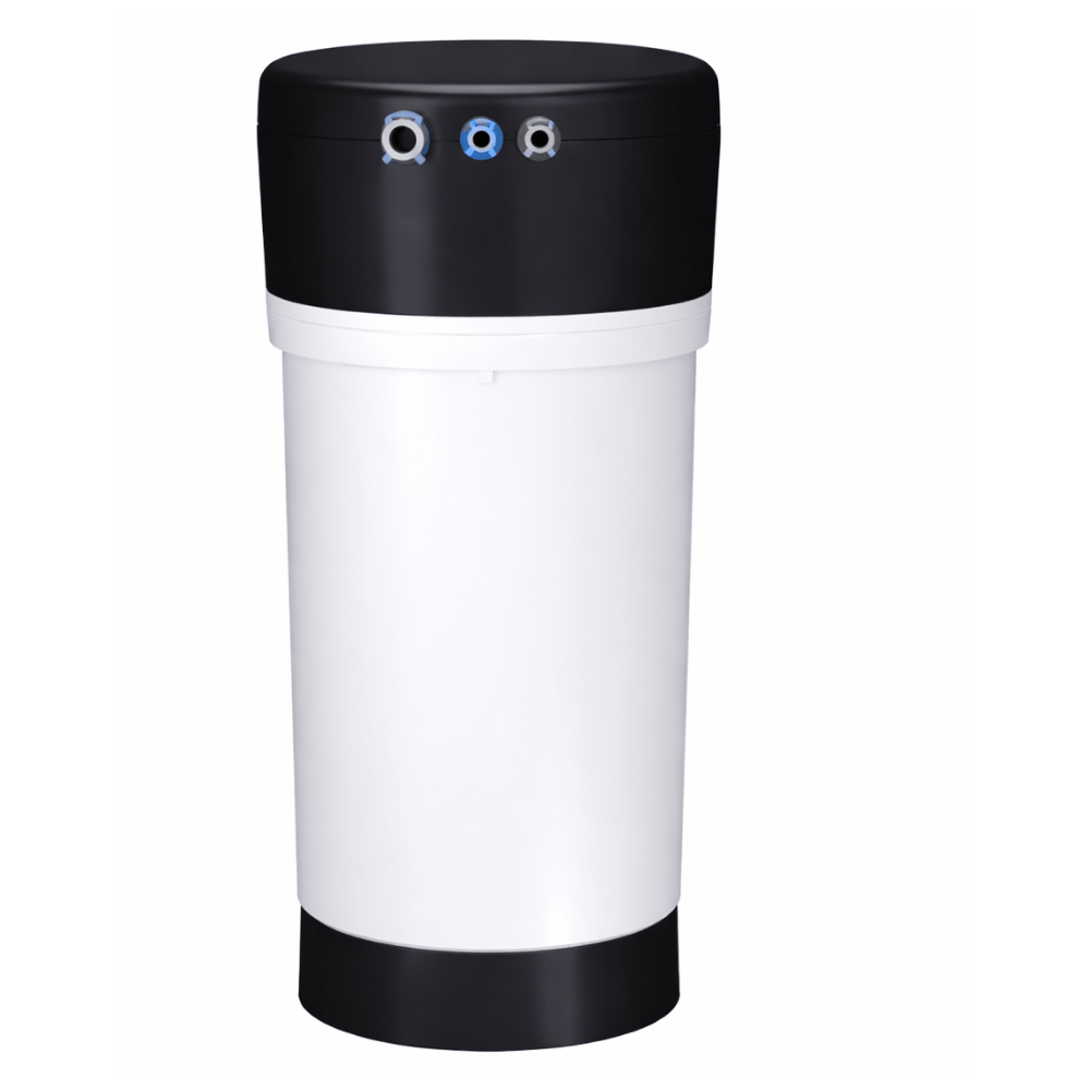 White under sink water filter with black top on a white background