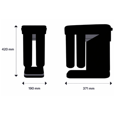 Black silhouette of an under sink water filter with dimensions labeled on a white background