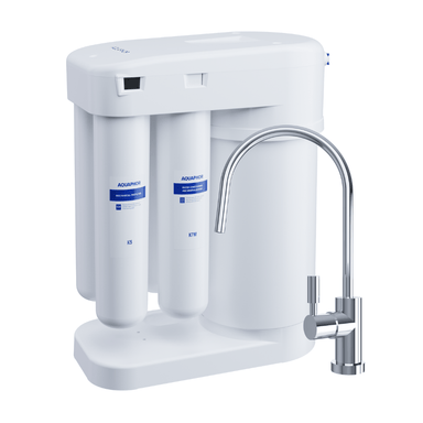 White water filter with three cylindrical tanks and a chrome faucet on a white background with K5 K2 RO-50S K7M filters 
