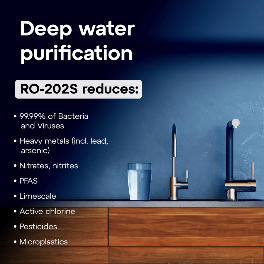Bathroom setting with a glass of water, faucet, and text about deep water purification and contaminants removal