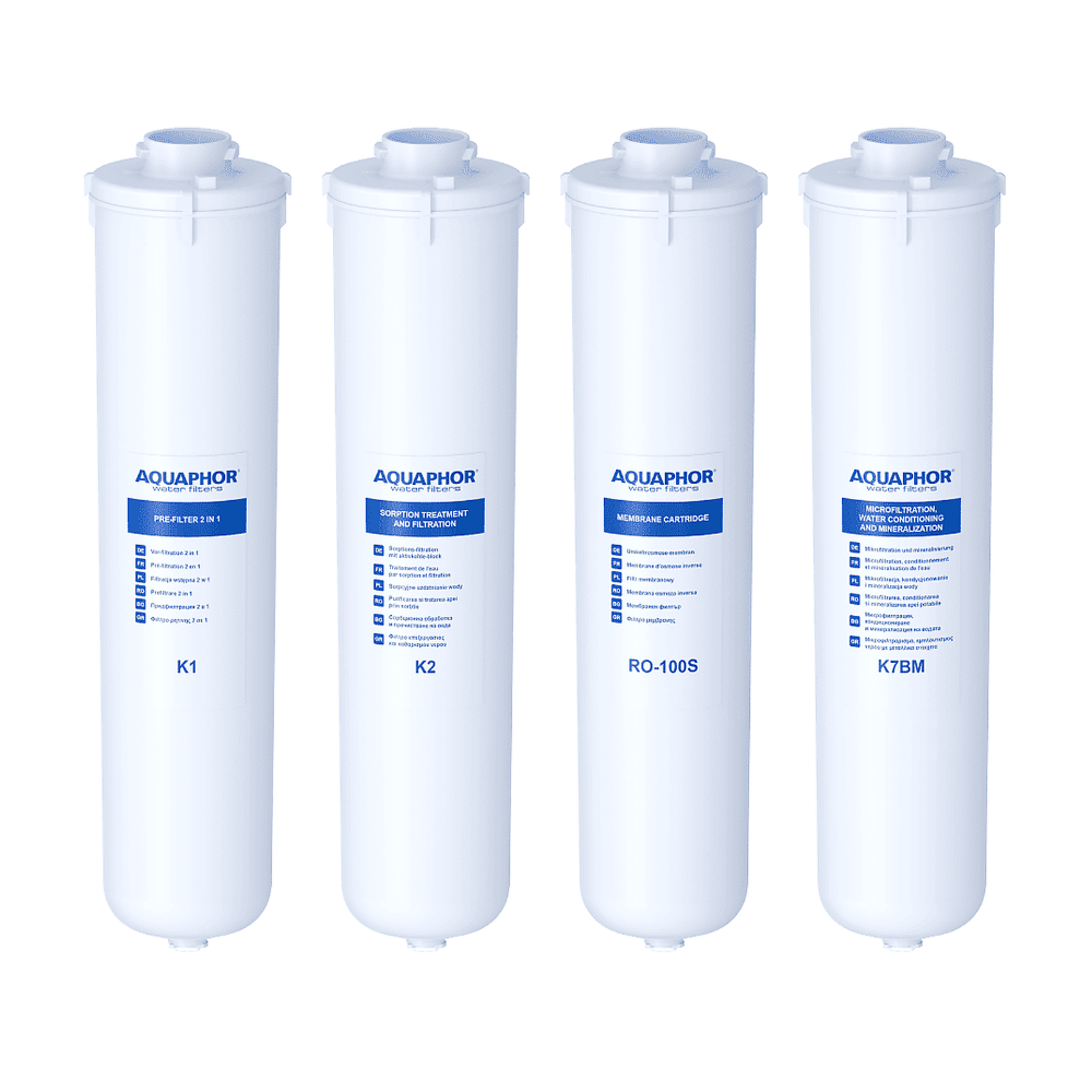 Four Aquaphor water filters on a white background