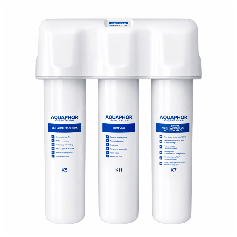 Three Aquaphor water filter cartridges on a white background