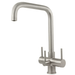 Brushed Stainless steel kitchen faucet with three levers on a white background