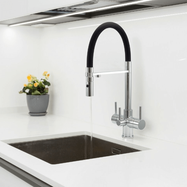 Aquila 3 black pull-down 3-way tap with chrome body and flexible spout