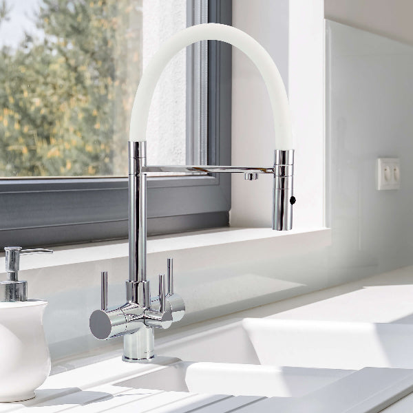Acquapuro Aquila three-lever kitchen filter tap with white flexible hose