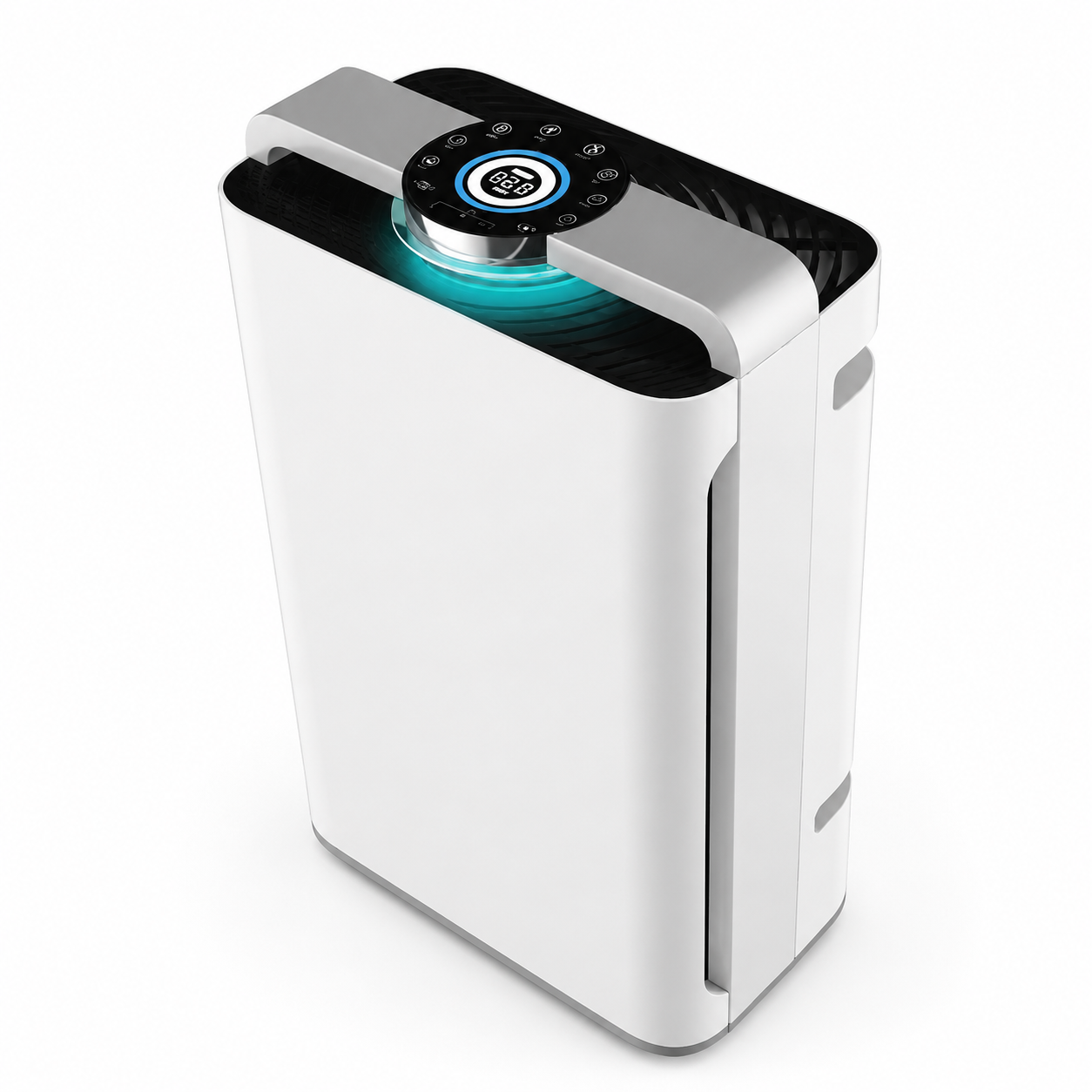 White and black air purifier with a digital display on a white background