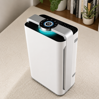 White air purifier on a carpeted floor with a bookshelf and plants in the background